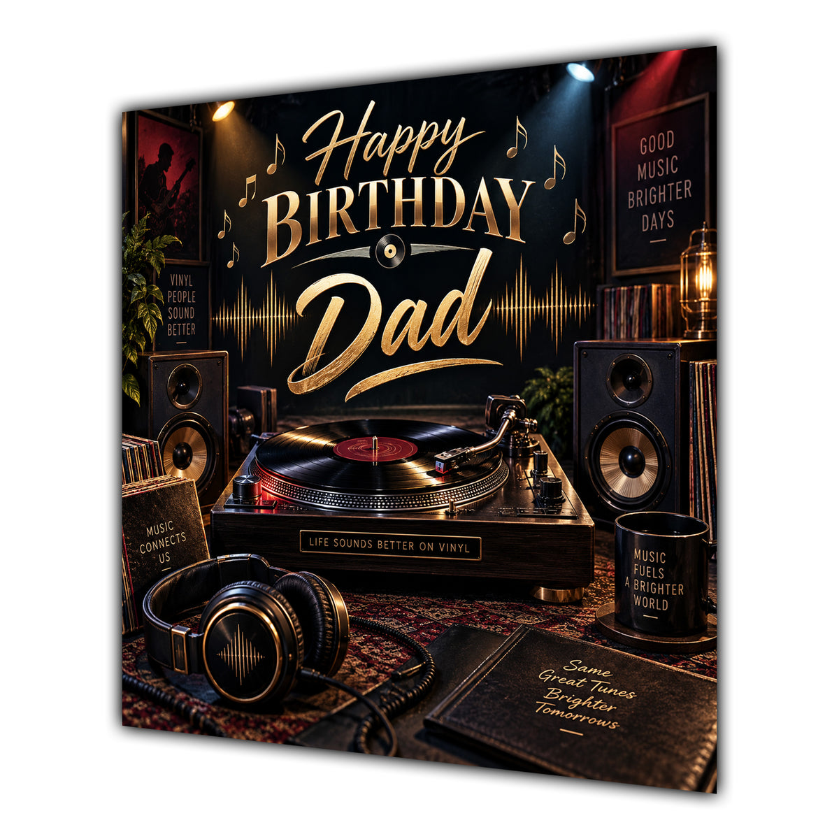 Dad Birthday Card Vinyl Record Player Headphones