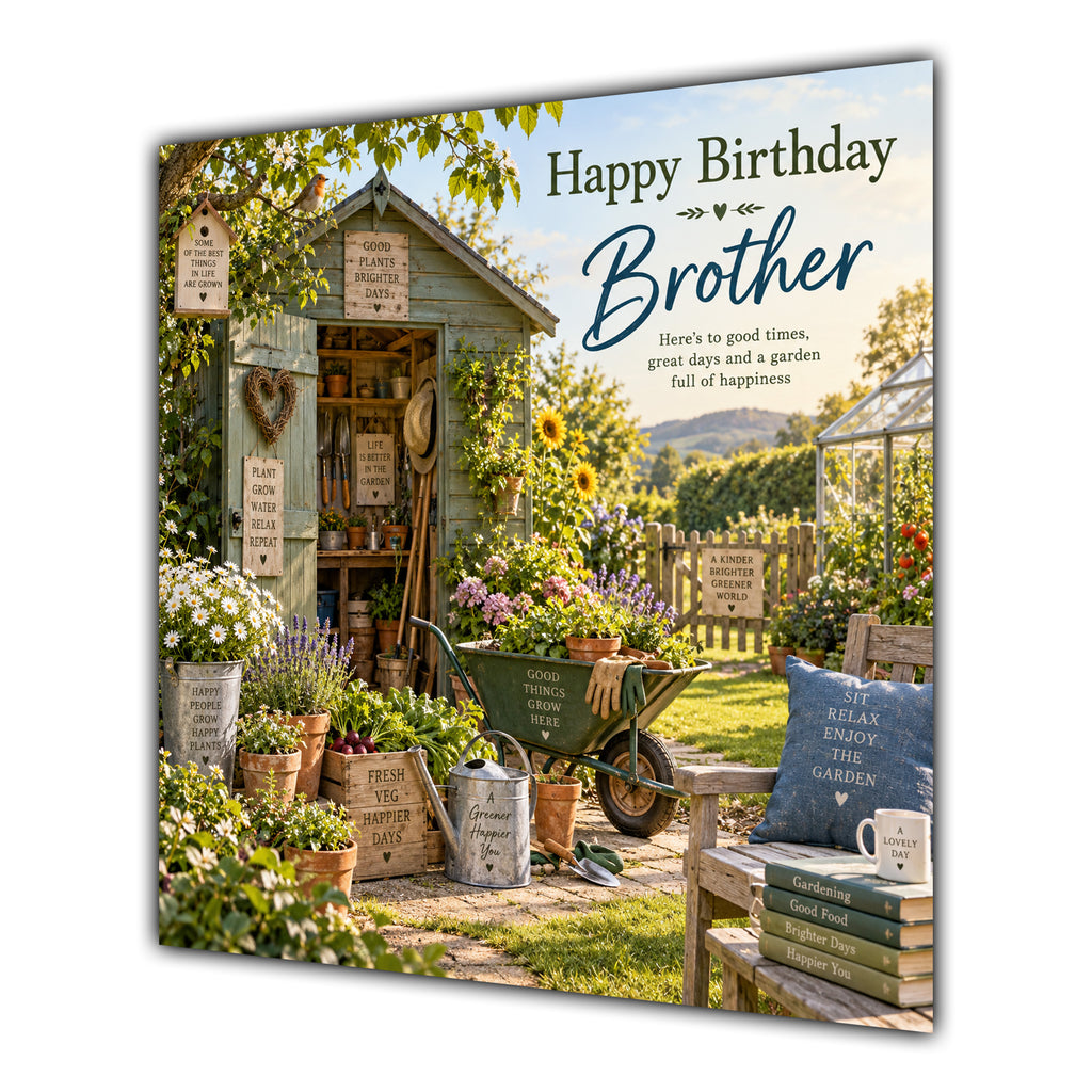 Brother Birthday Card Gardening Shed Flowers