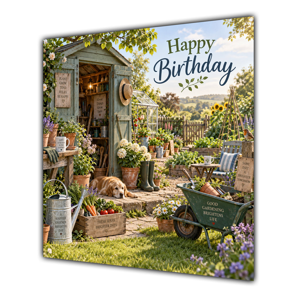Birthday Card Gardening Shed Flowers