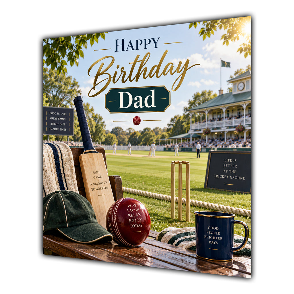 Dad Birthday Card Cricket Bat Ball Pavilion