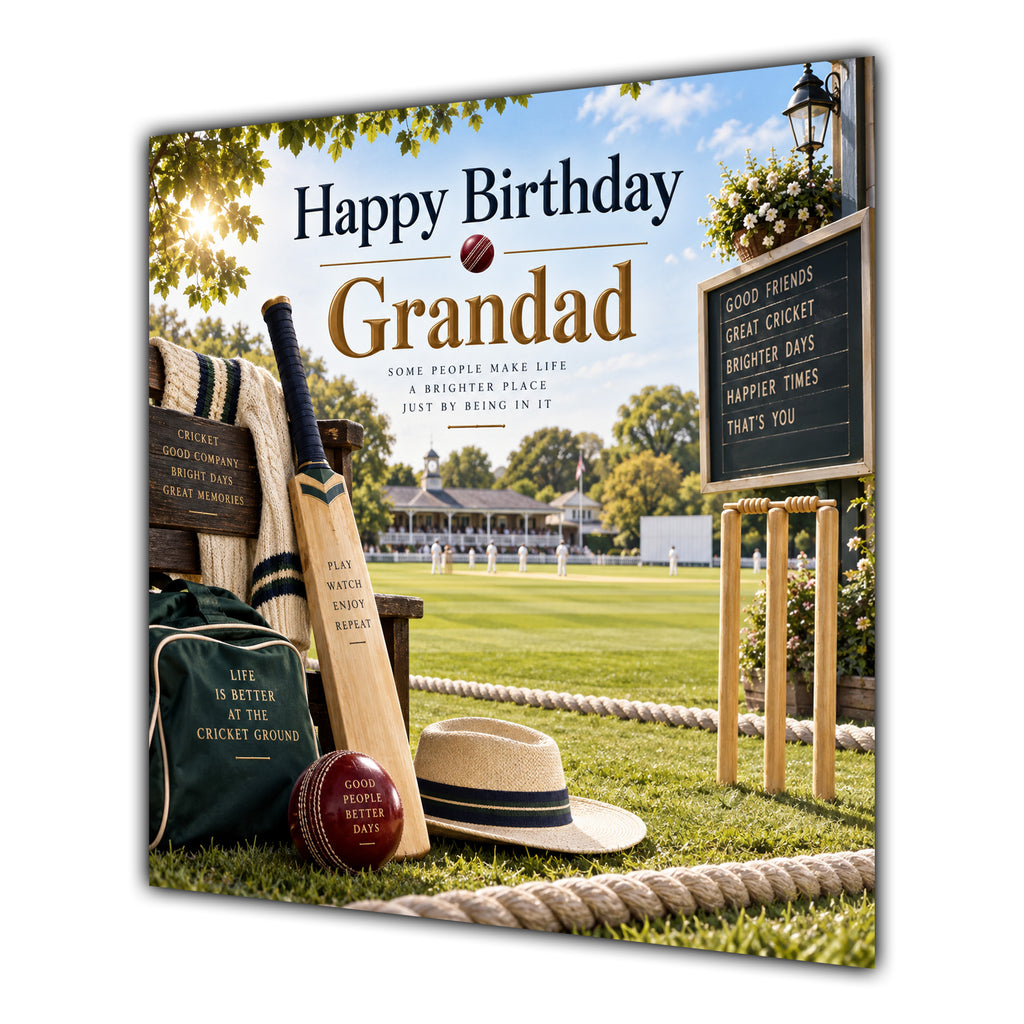 Grandad Birthday Card Cricket Bat Ball Pavilion