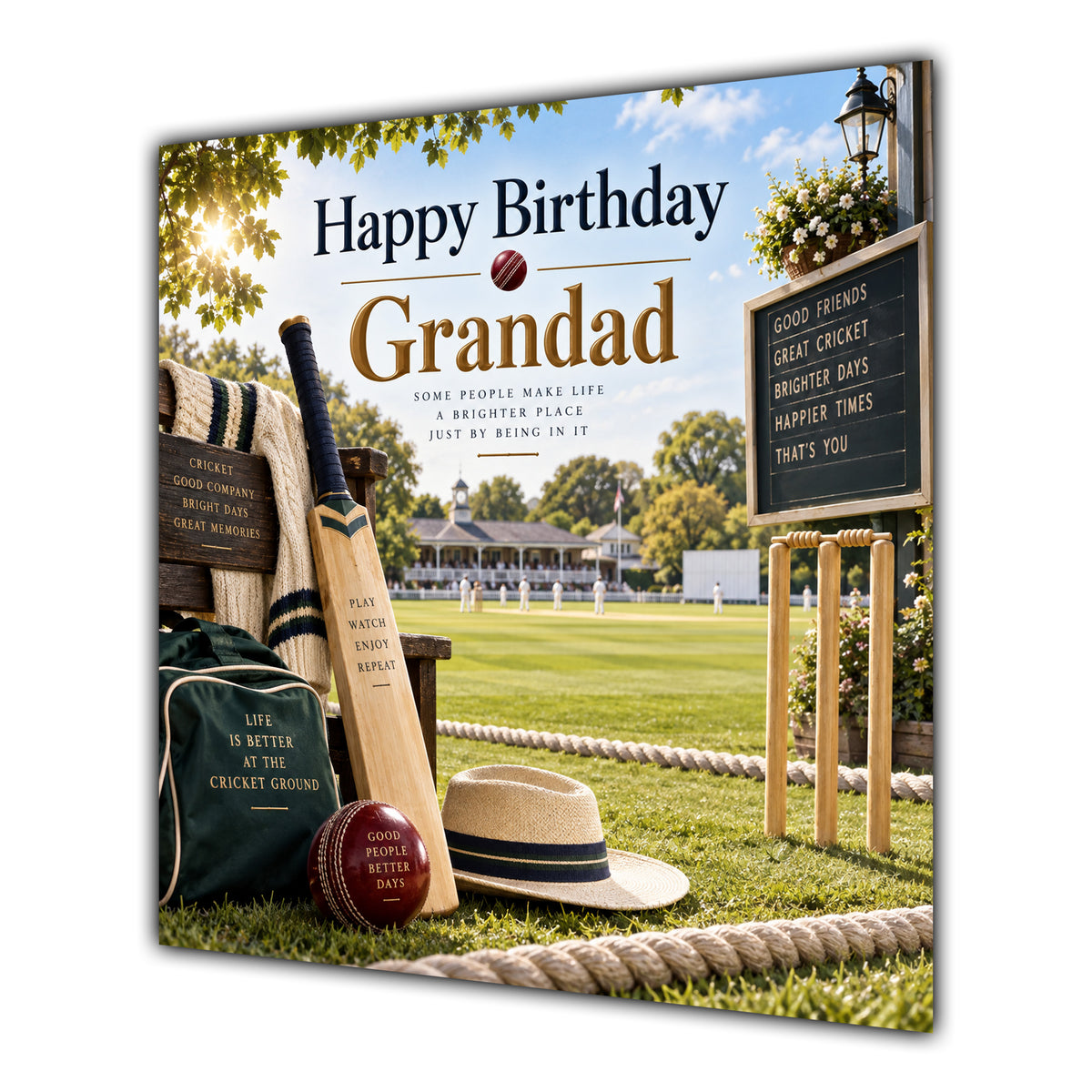 Grandad Birthday Card Cricket Bat Ball Pavilion