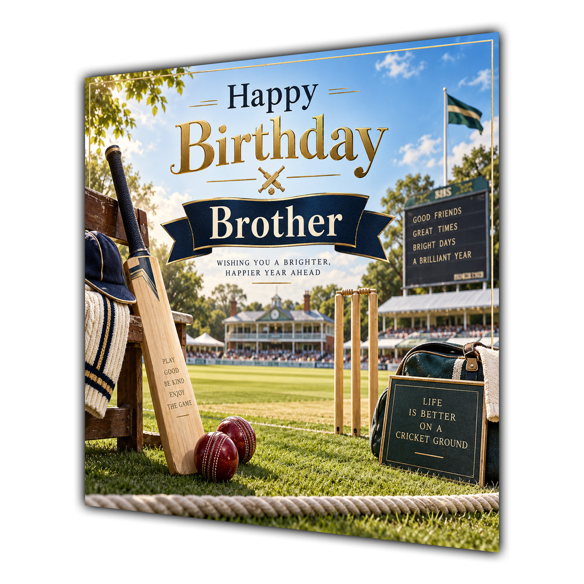Brother Birthday Card Cricket Bat Ball Pavilion