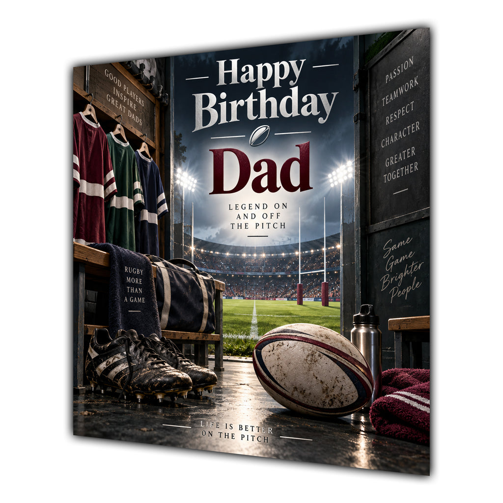 Dad Birthday Card Rugby Ball Boots Stadium