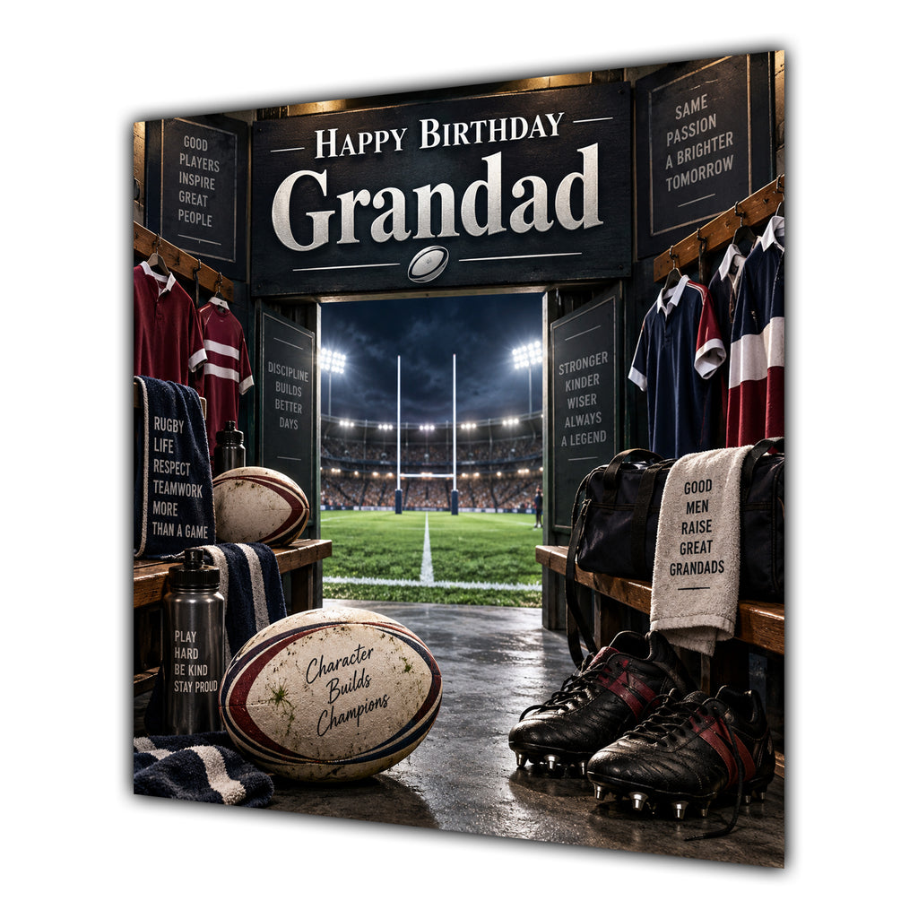 Grandad Birthday Card Rugby Ball Boots Stadium