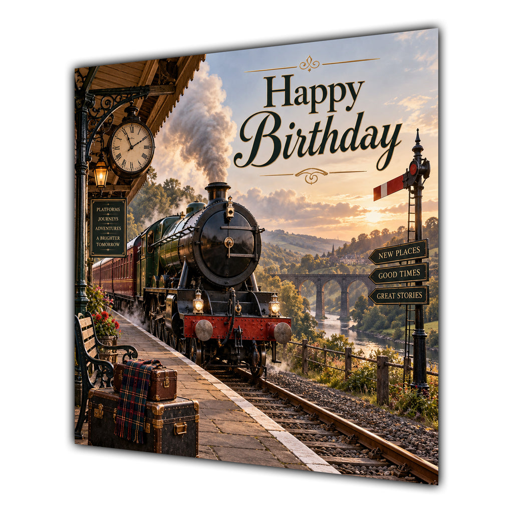 Birthday Card Steam Train Railway Station