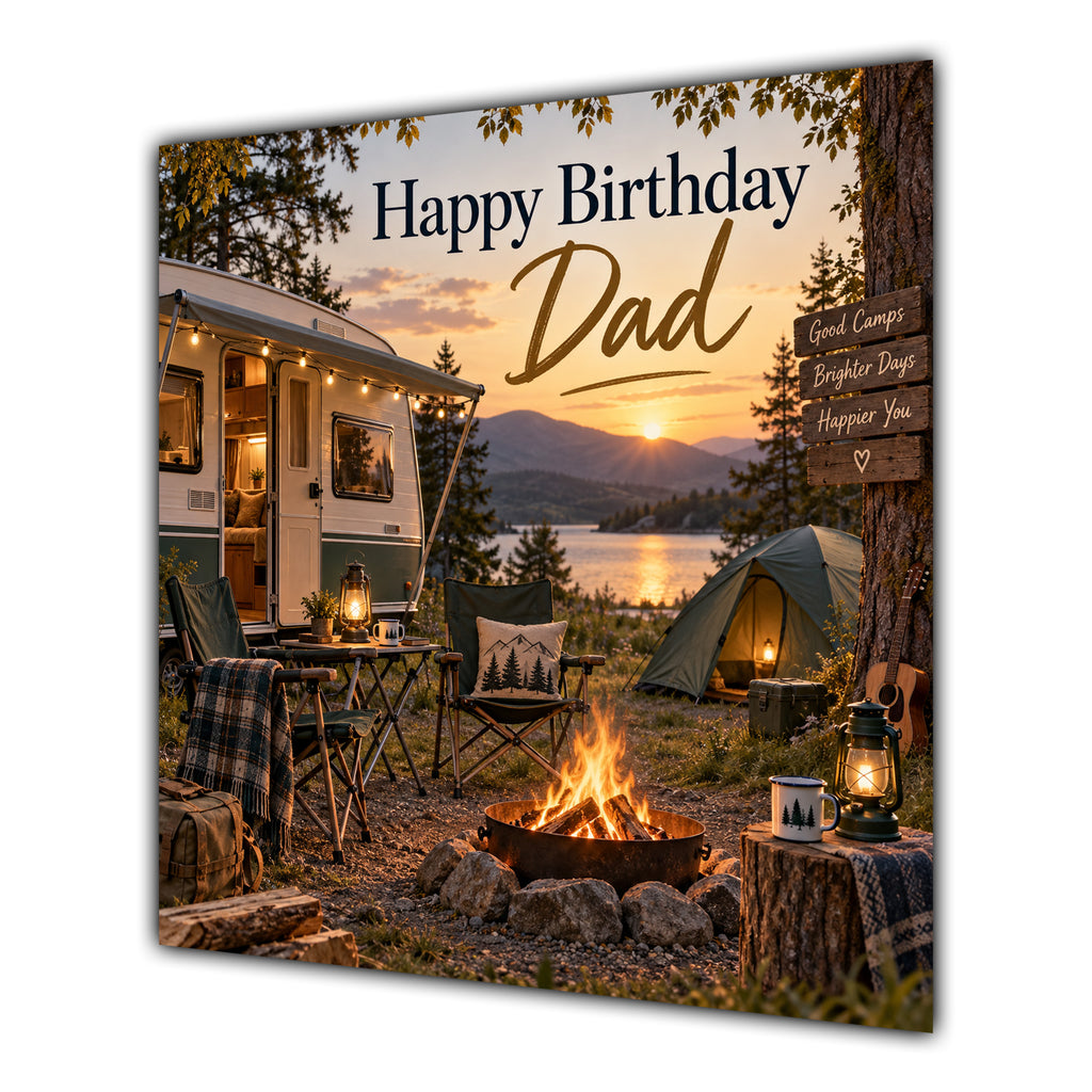Dad Birthday Card Caravan Camping Lake Sunset