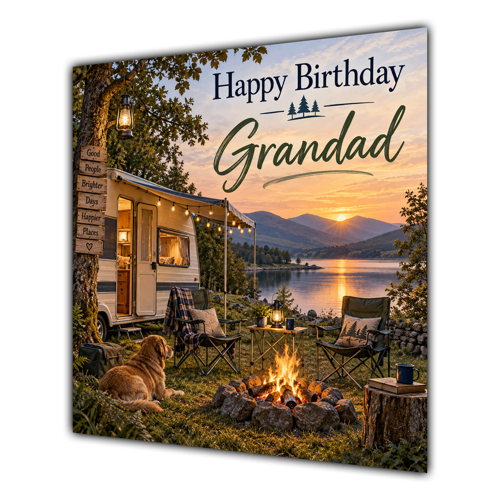 Grandad Birthday Card Caravan Camping Lake Sunset