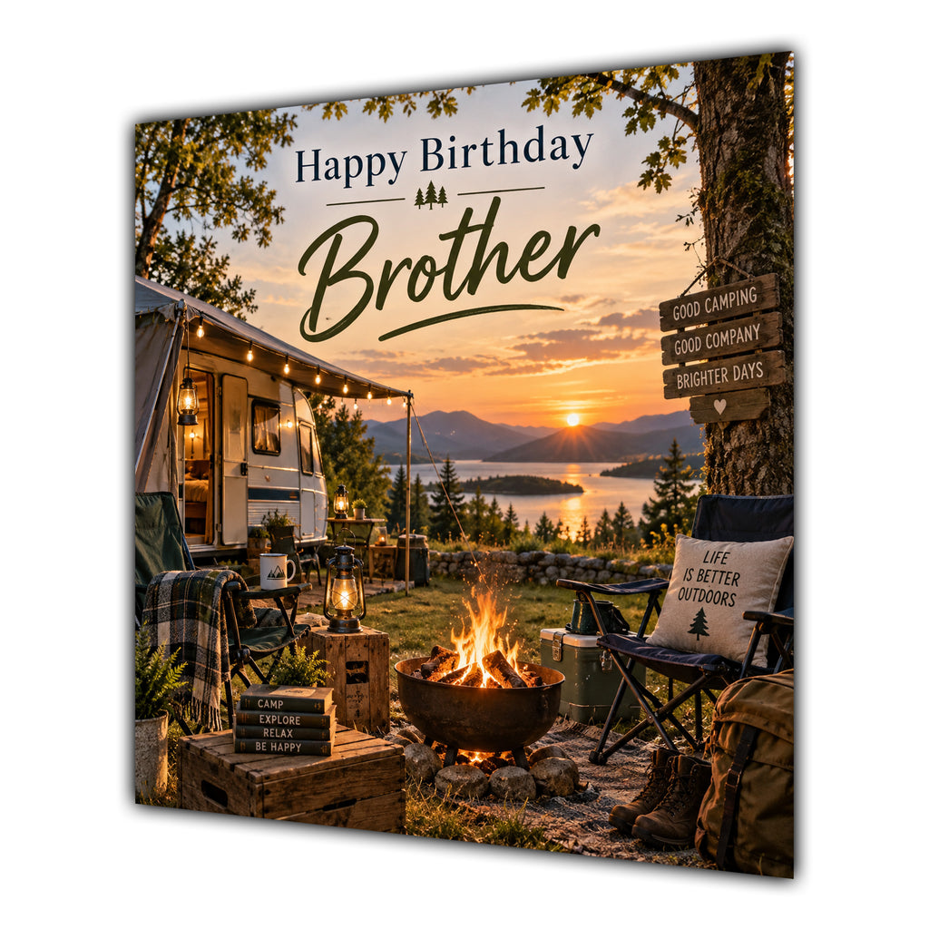 Brother Birthday Card Caravan Camping Lake Sunset