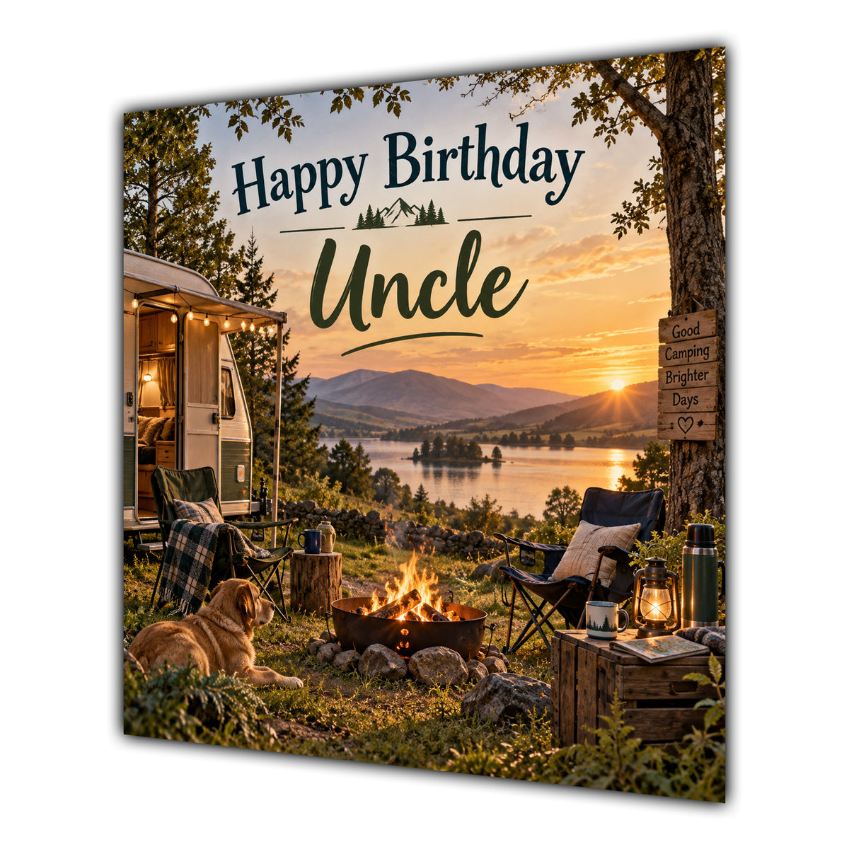 Uncle Birthday Card Caravan Camping Lake Sunset