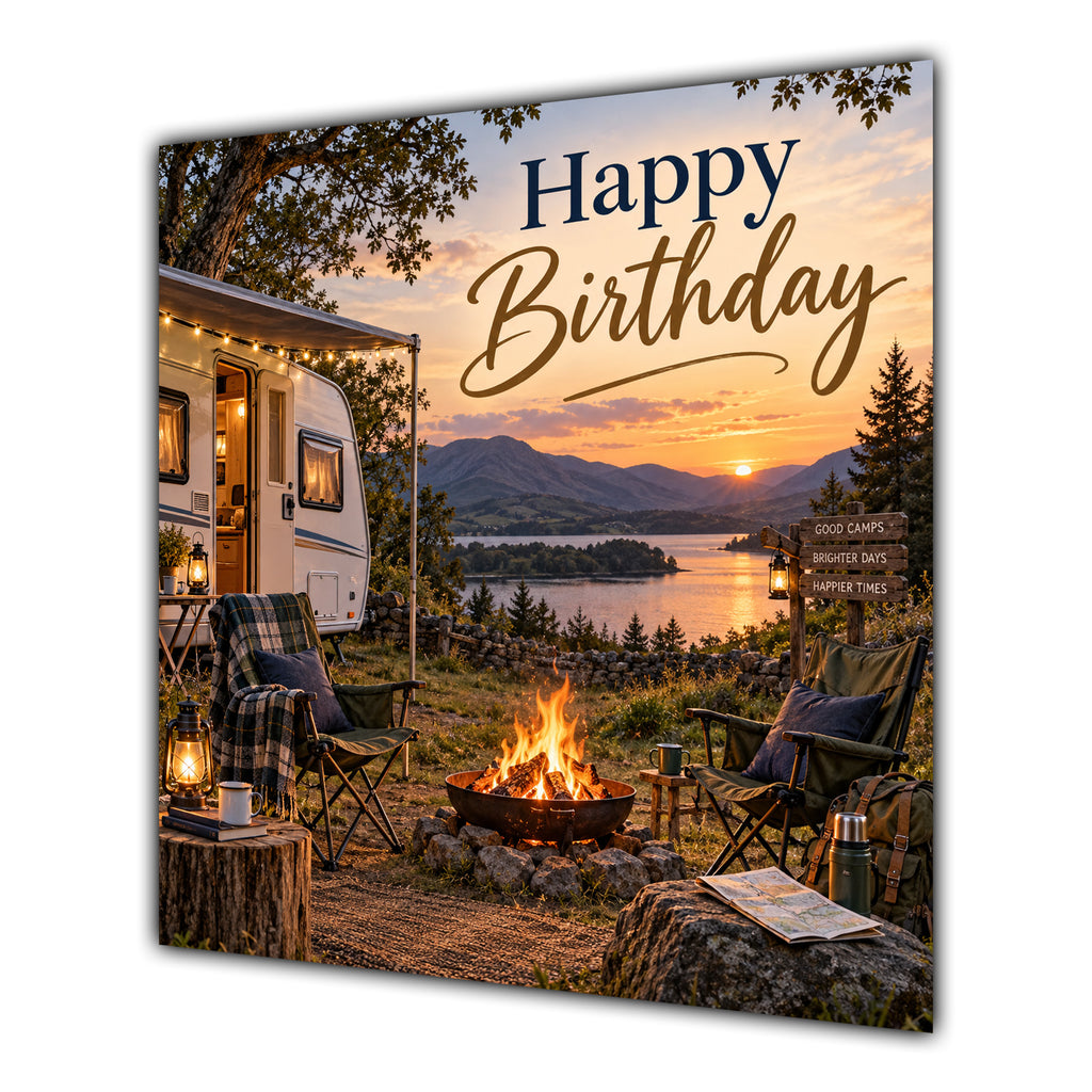 Birthday Card Caravan Camping Lake Sunset