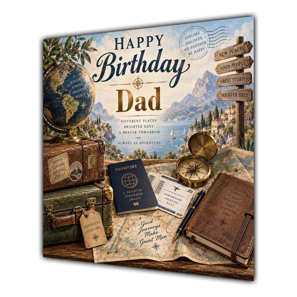 Dad Birthday Card Travel Suitcase Map Globe