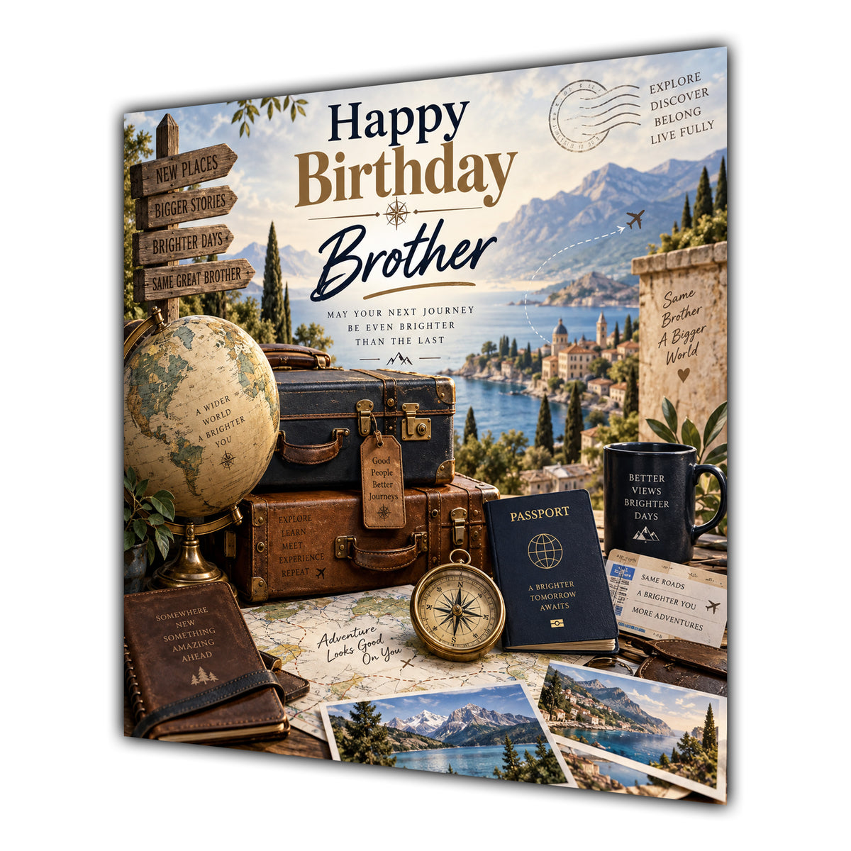 Brother Birthday Card Travel Suitcase Map Globe