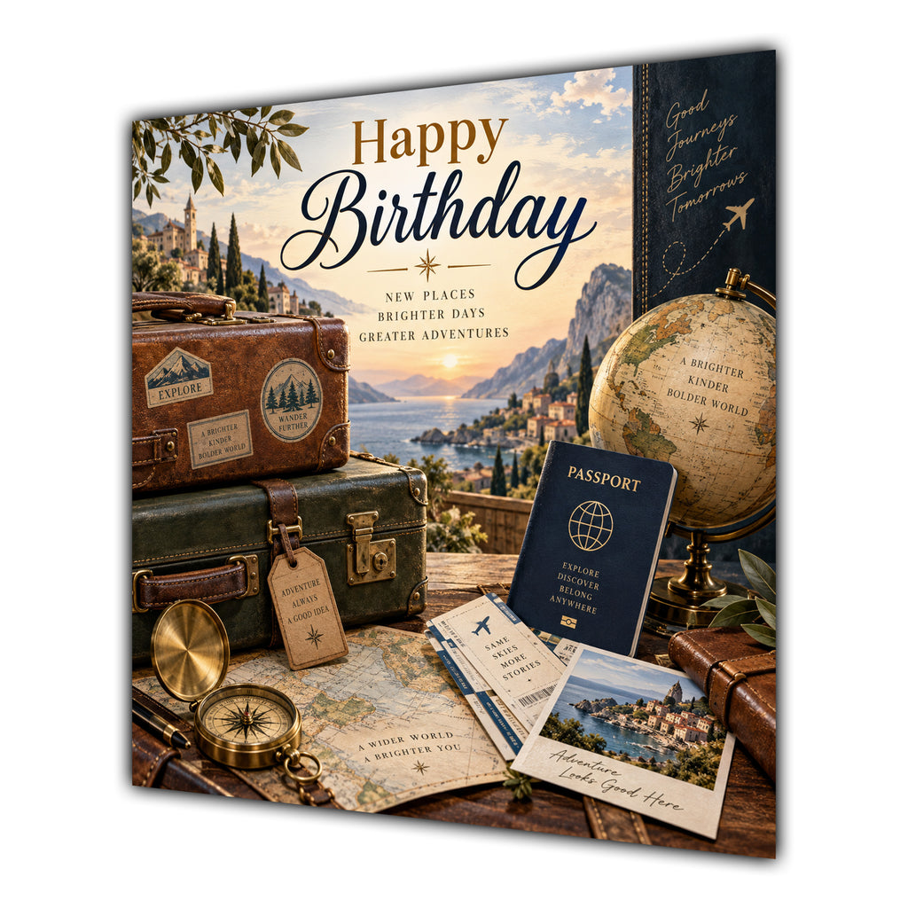 Birthday Card Travel Suitcase Map Globe