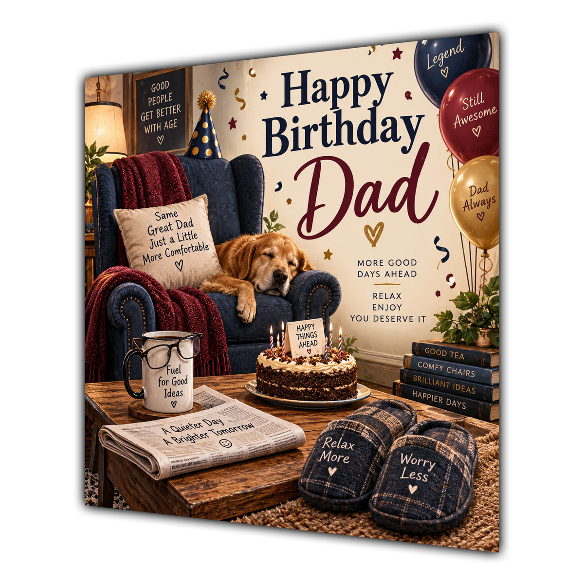 Dad Birthday Card Relaxing Armchair Dog