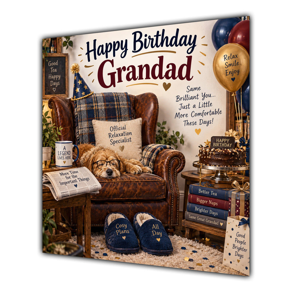 Grandad Birthday Card Relaxing Armchair Dog
