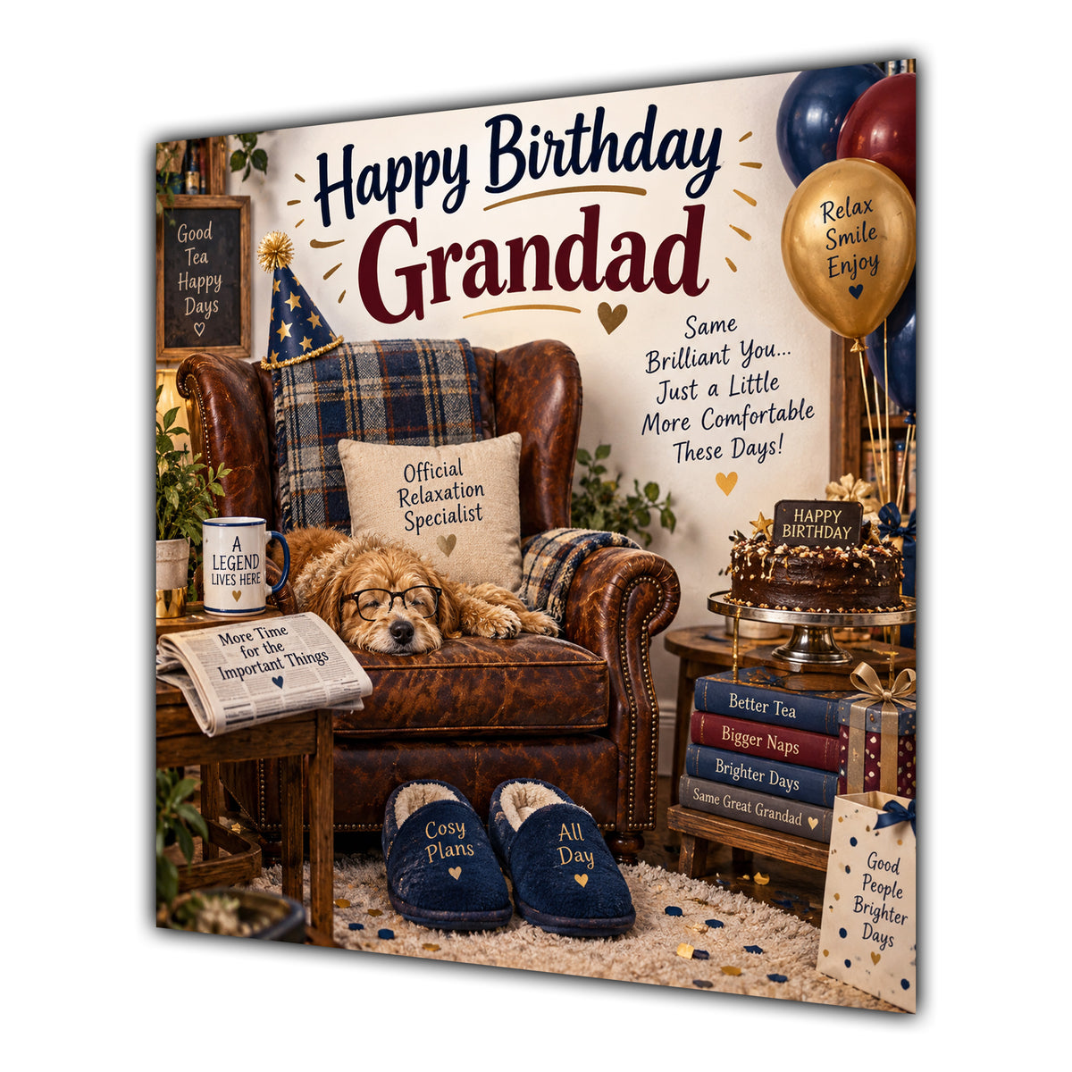 Grandad Birthday Card Relaxing Armchair Dog