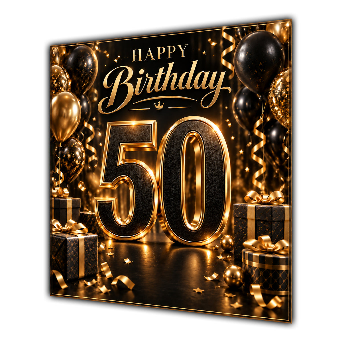 50th Birthday Card Black Gold Balloons