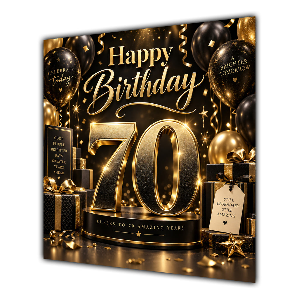 70th Birthday Card Black Gold Balloons