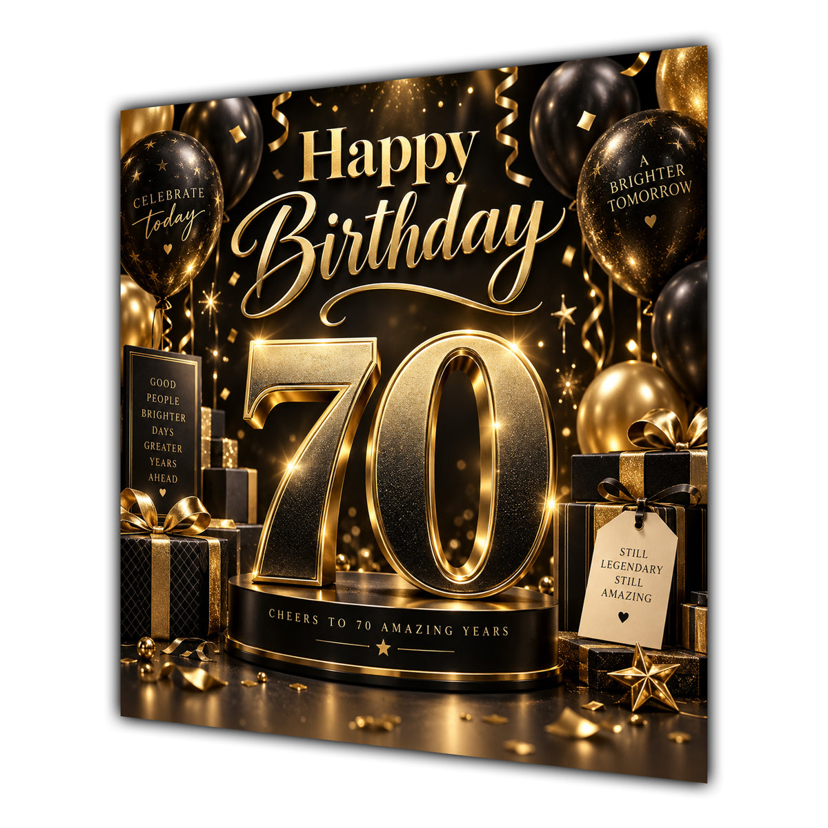 70th Birthday Card Black Gold Balloons