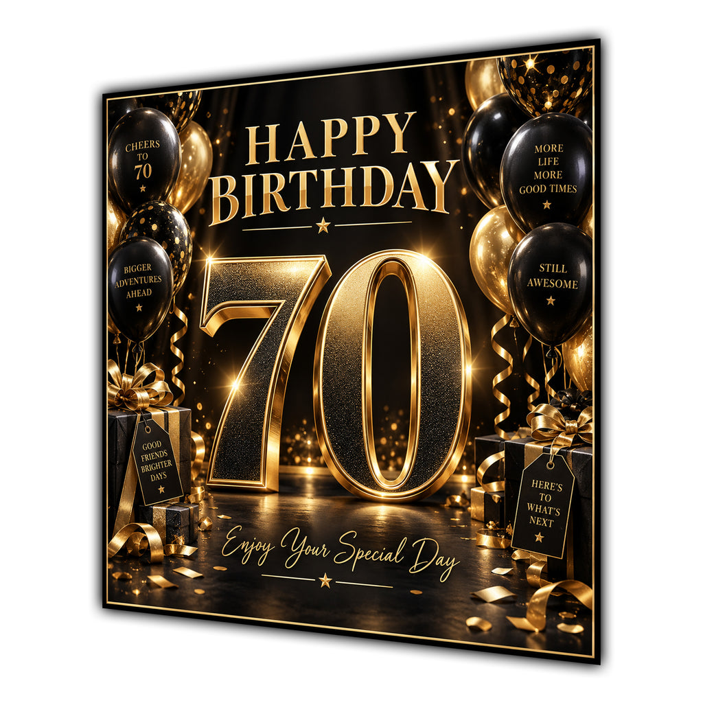 70th Birthday Card Black Gold Balloons