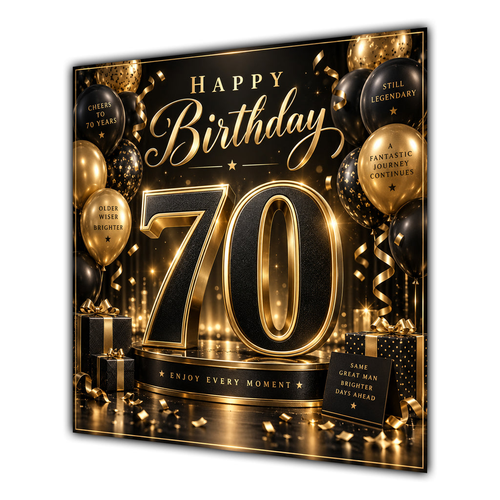70th Birthday Card Black Gold Balloons