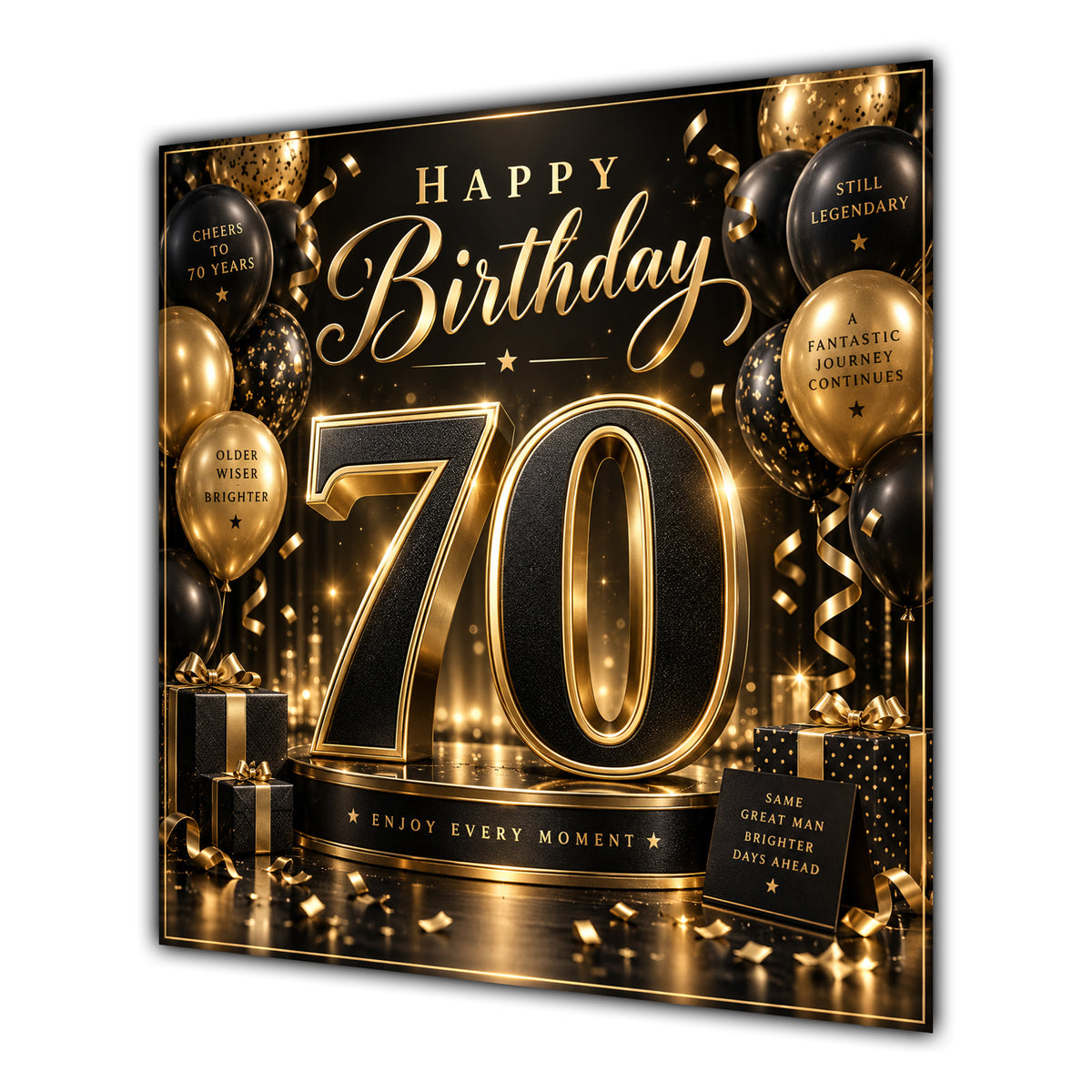 70th Birthday Card Black Gold Balloons