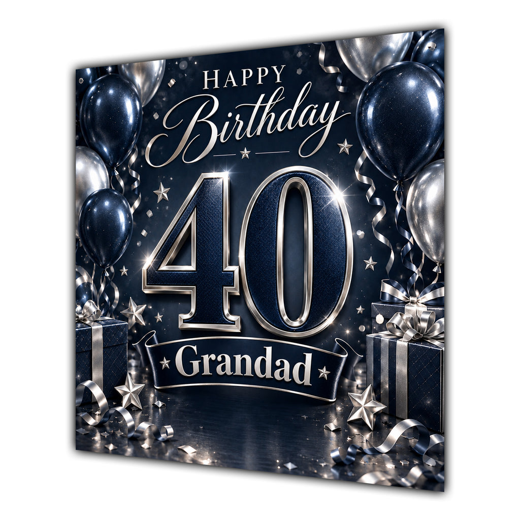 Grandad 40th Birthday Card Navy Silver Balloons
