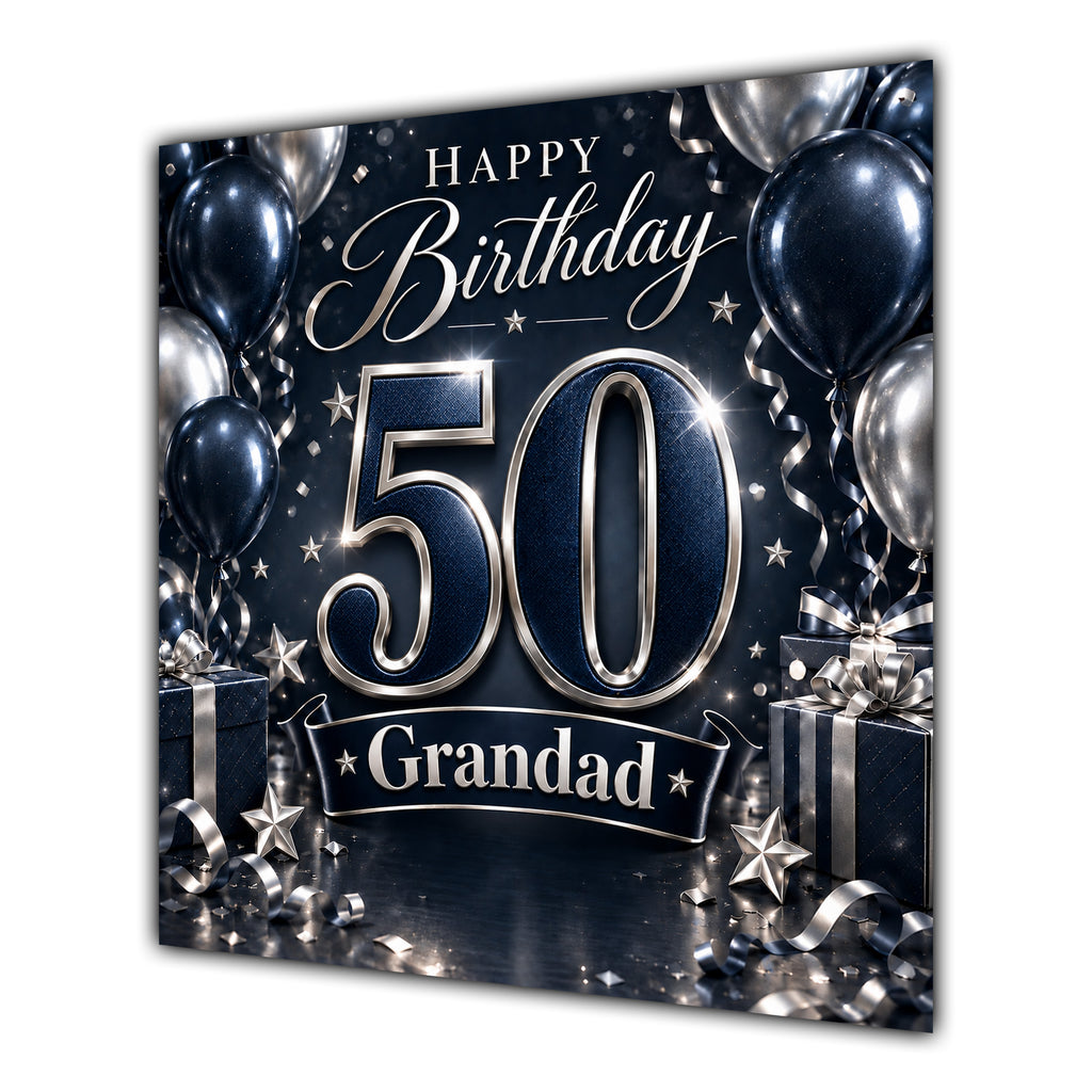 Grandad 50th Birthday Card Navy Silver Balloons
