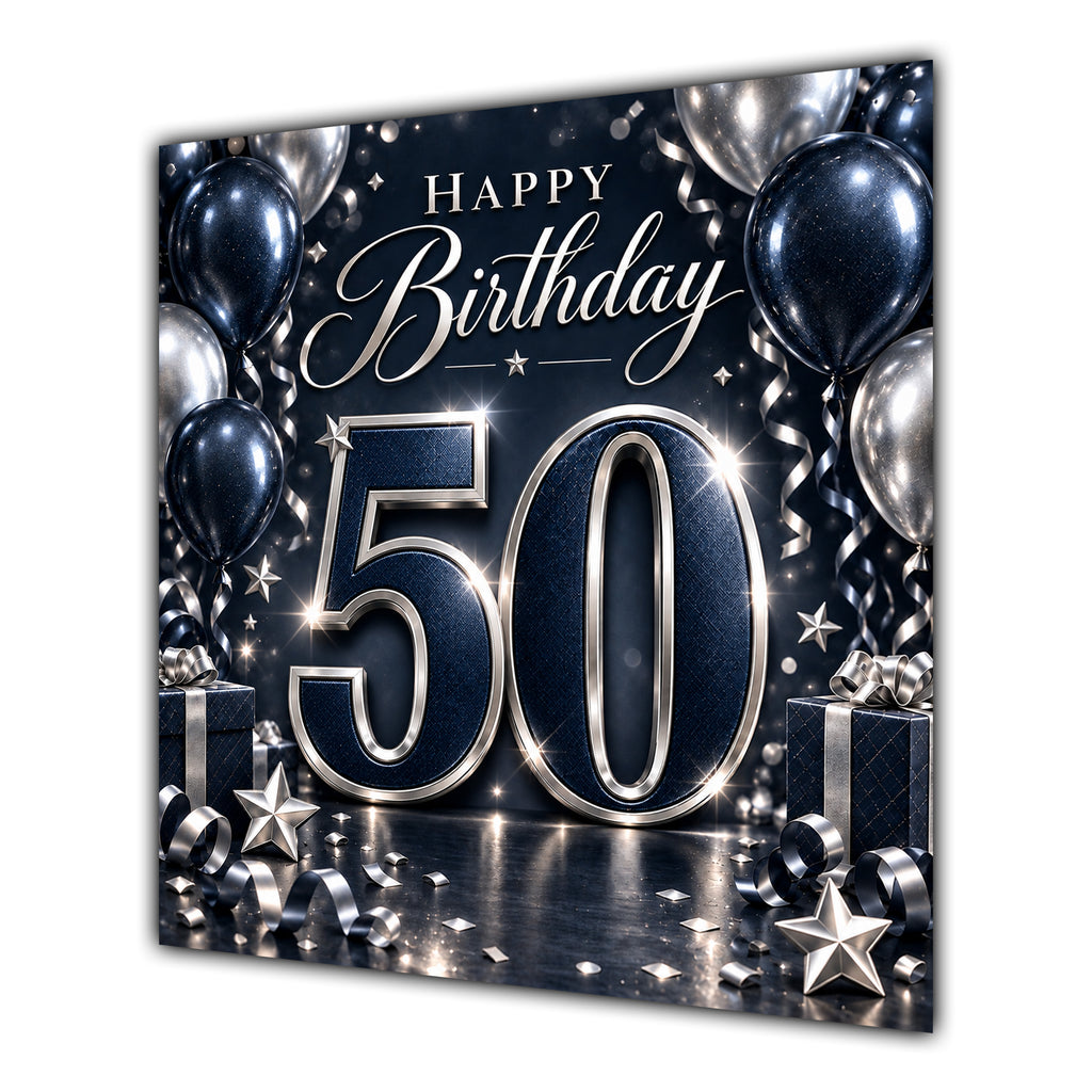 50th Birthday Card Navy Silver Balloons