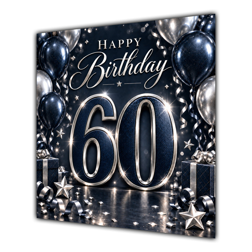 60th Birthday Card Navy Silver Balloons