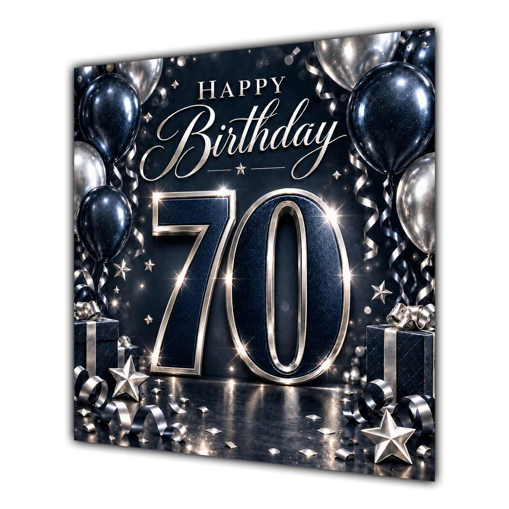 70th Birthday Card Navy Silver Balloons