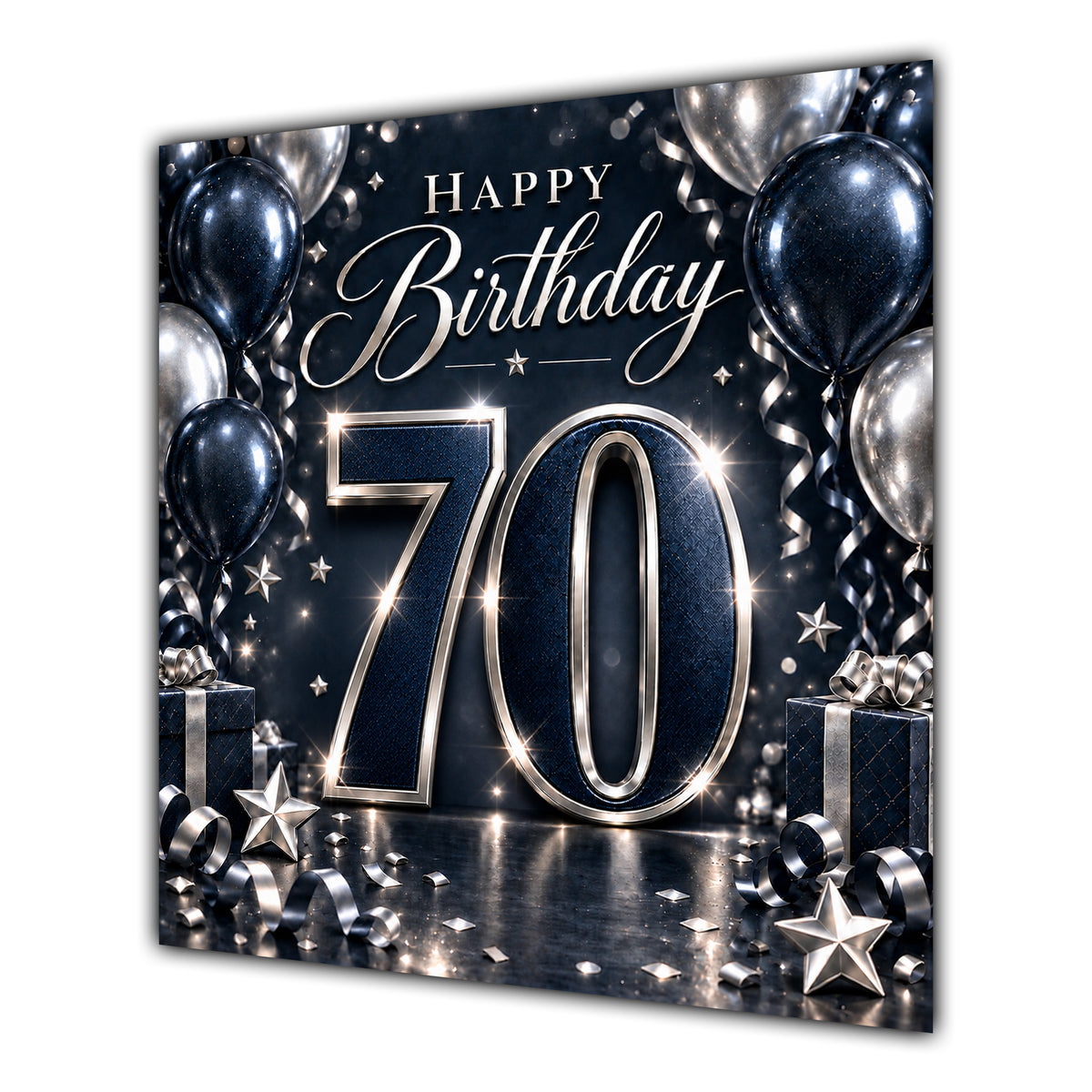 70th Birthday Card Navy Silver Balloons
