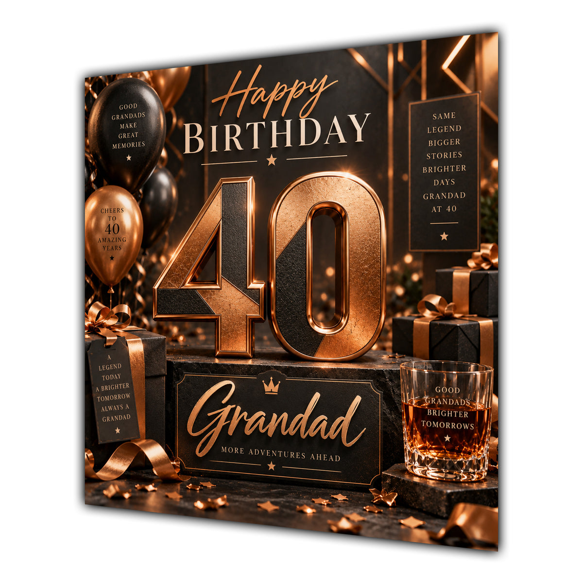 Grandad 40th Birthday Card Copper Black Balloons Whisky