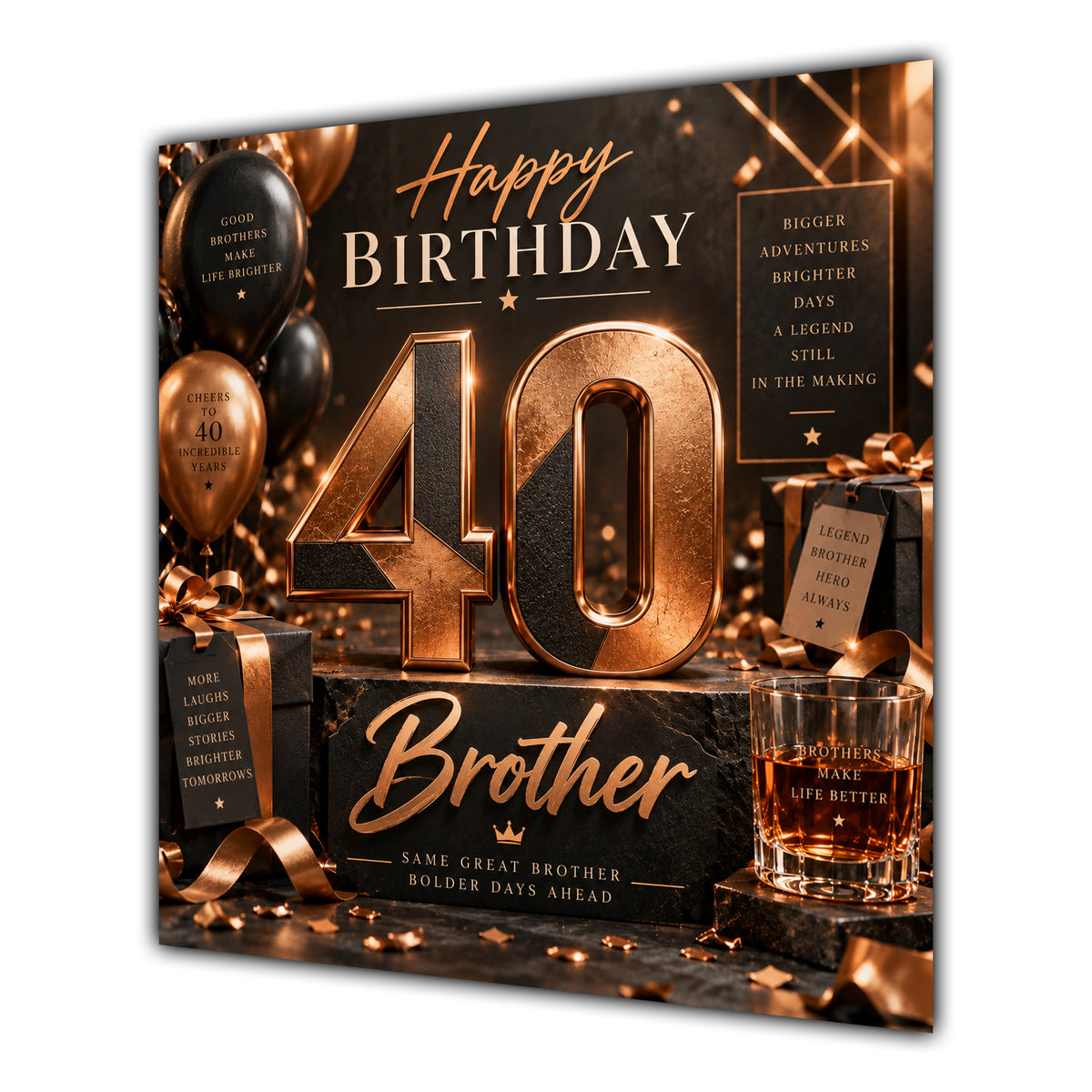 Brother 40th Birthday Card Copper Black Balloons Whisky