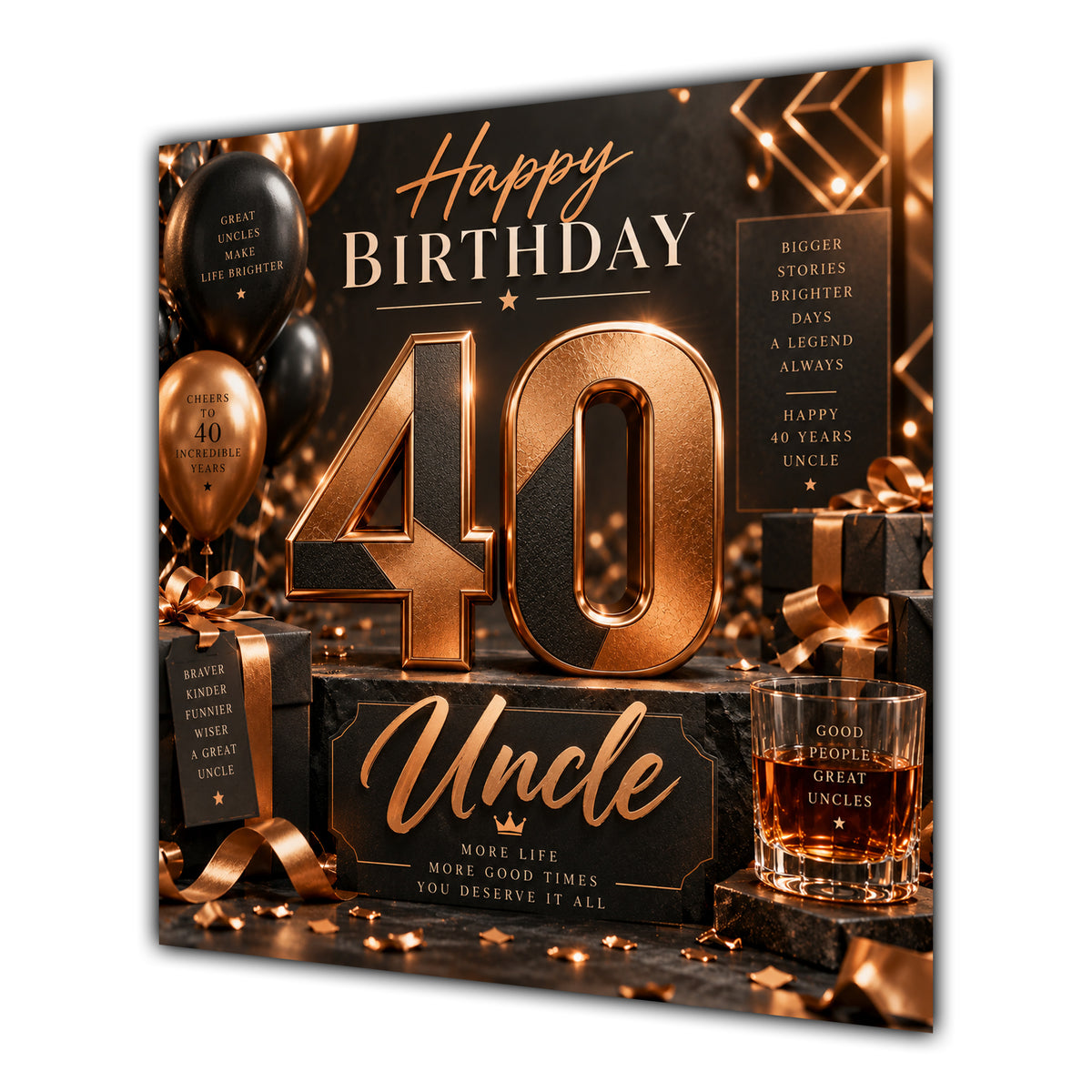 Uncle 40th Birthday Card Copper Black Balloons Whisky