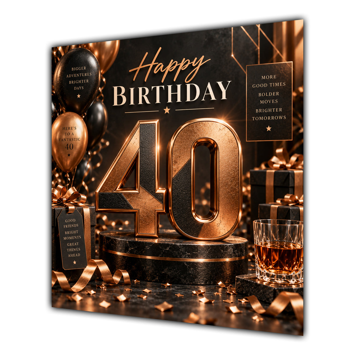 40th Birthday Card Copper Black Balloons Whisky