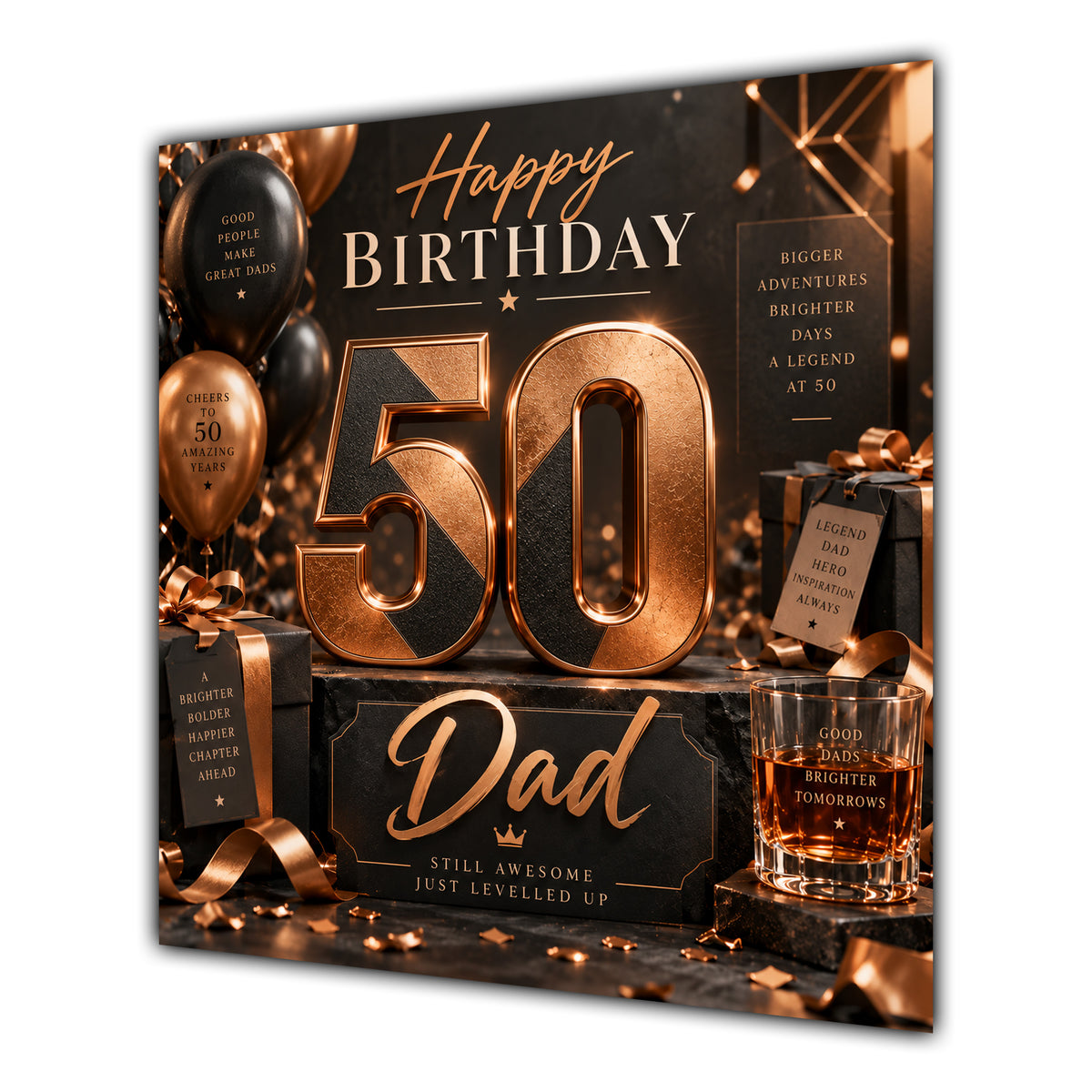 Dad 50th Birthday Card Copper Black Balloons Whisky