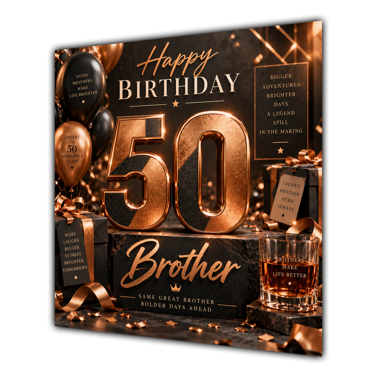Brother 50th Birthday Card Copper Black Balloons Whisky
