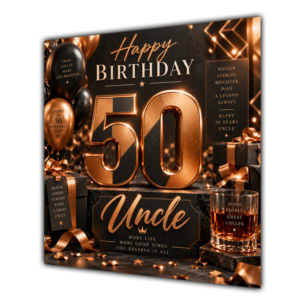 Uncle 50th Birthday Card Copper Black Balloons Whisky