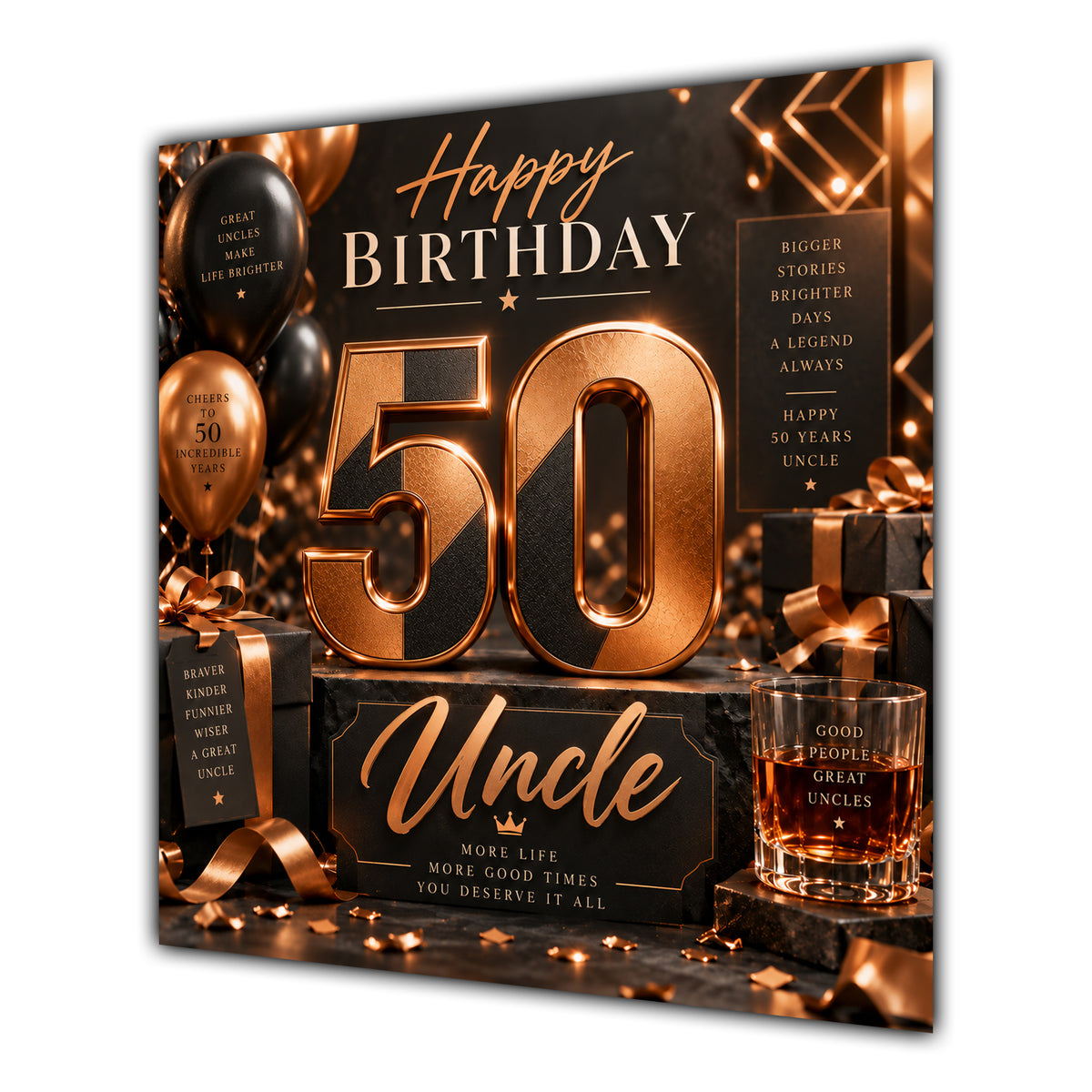 Uncle 50th Birthday Card Copper Black Balloons Whisky