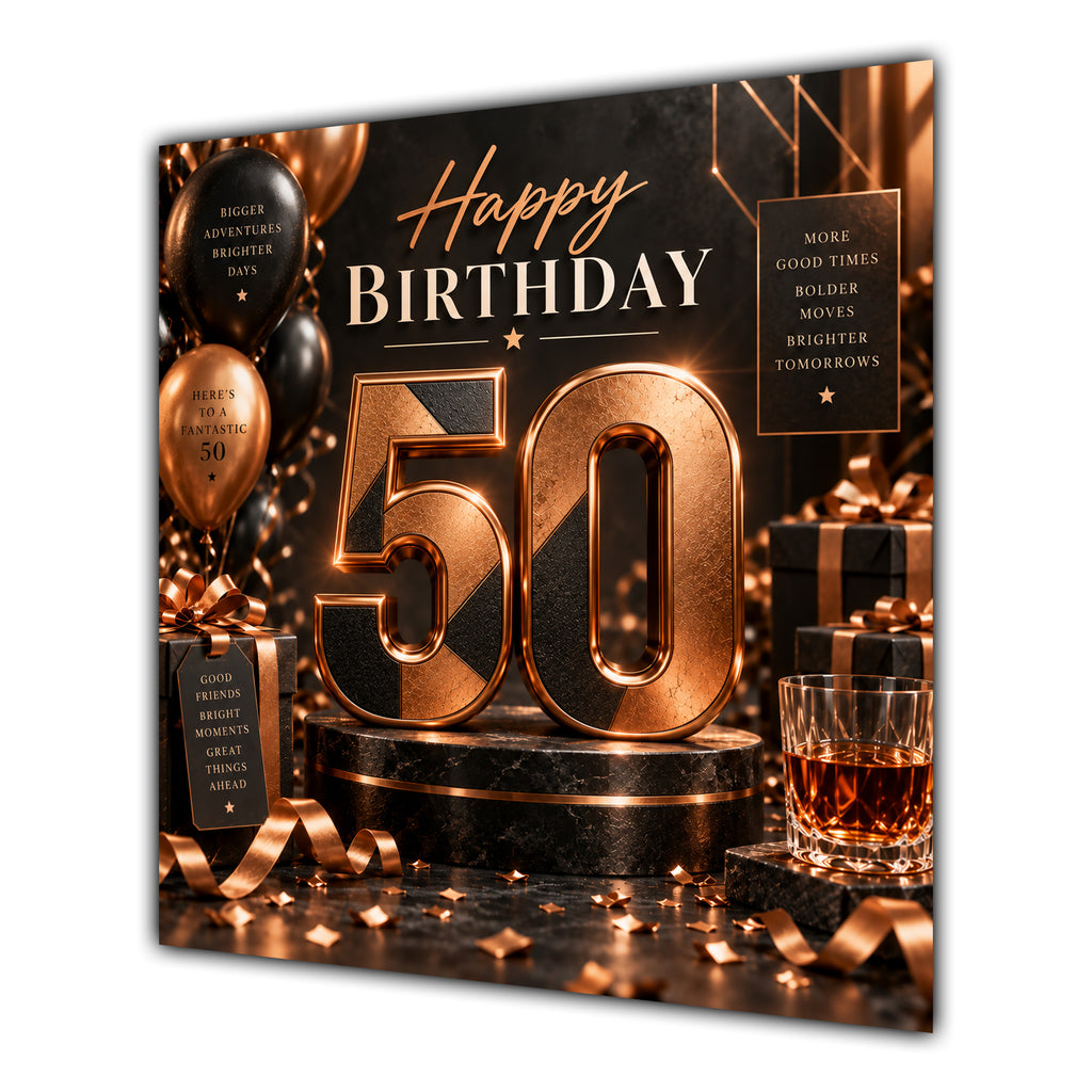 50th Birthday Card Copper Black Balloons Whisky