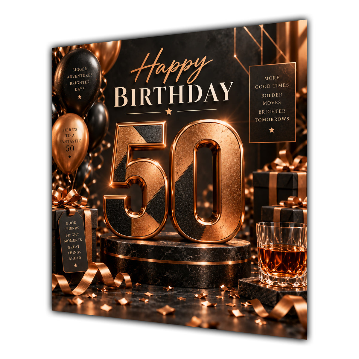 50th Birthday Card Copper Black Balloons Whisky
