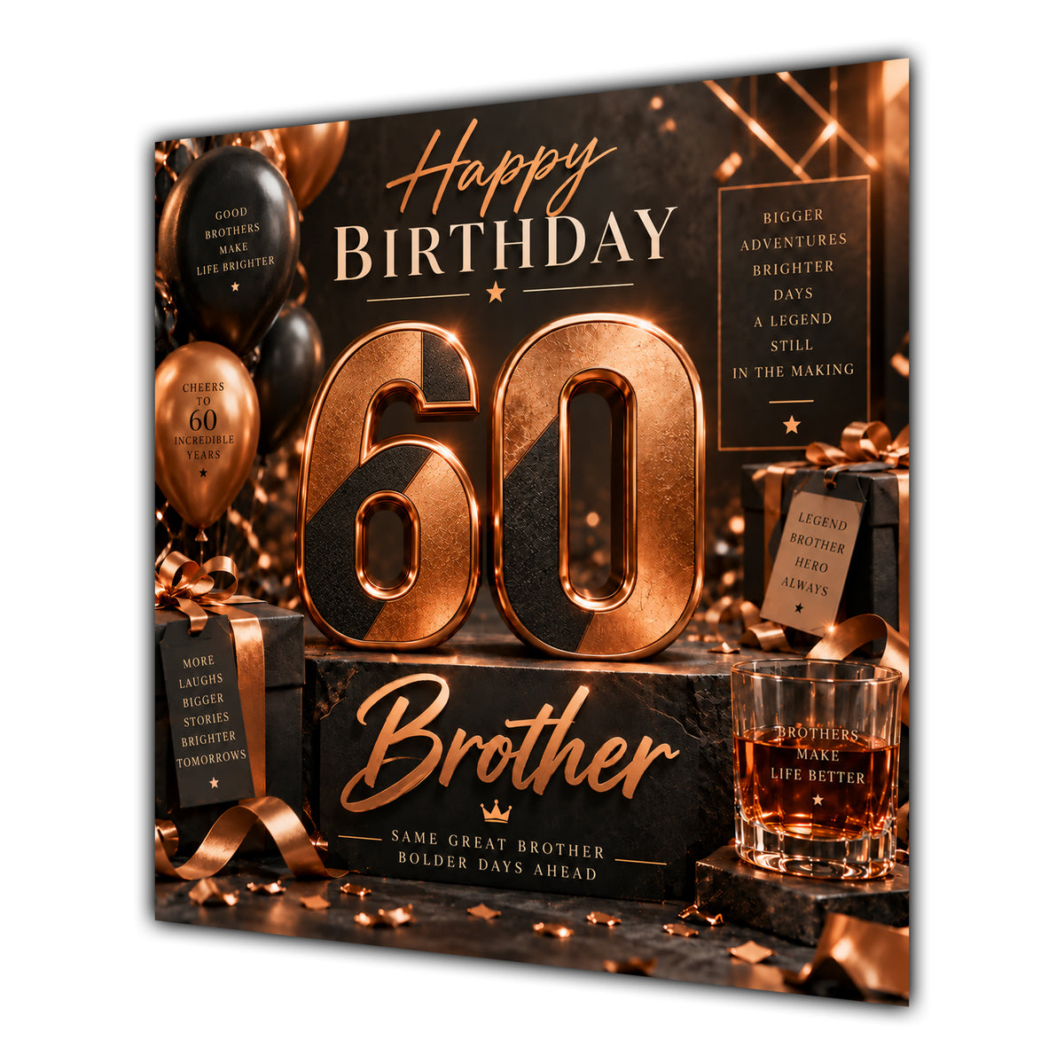 Brother 60th Birthday Card Copper Black Balloons Whisky