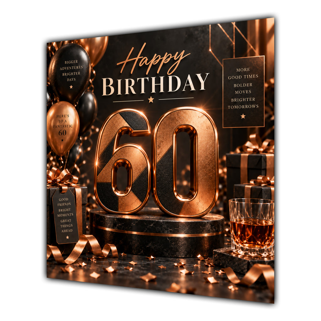 60th Birthday Card Copper Black Balloons Whisky