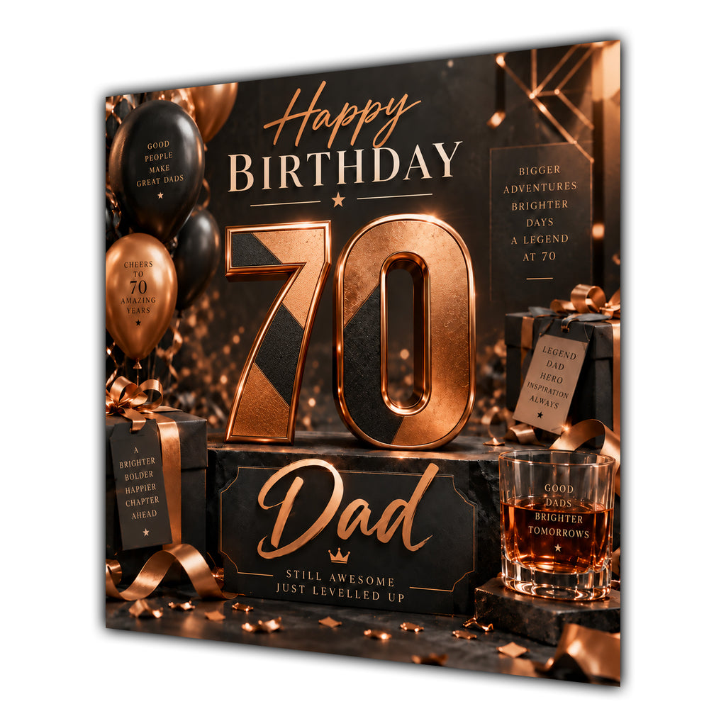 Dad 70th Birthday Card Copper Black Balloons Whisky