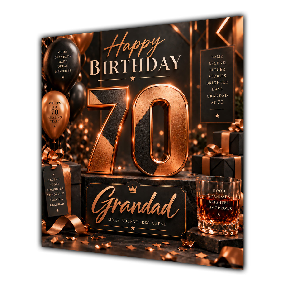 Grandad 70th Birthday Card Copper Black Balloons Whisky