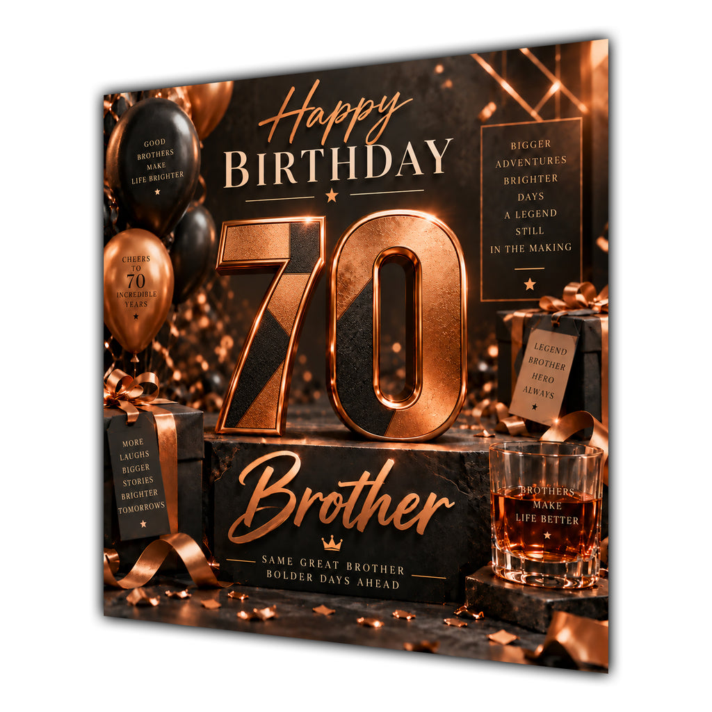 Brother 70th Birthday Card Copper Black Balloons Whisky