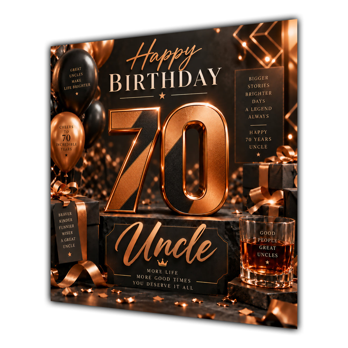 Uncle 70th Birthday Card Copper Black Balloons Whisky