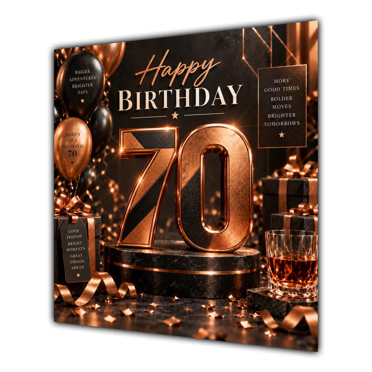 70th Birthday Card Copper Black Balloons Whisky